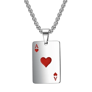 Ace of Hearts poker card pendant necklace in silver metal with red enamel finish