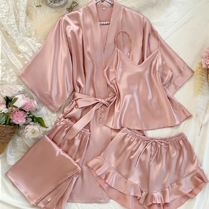 Satin 4-piece pajama set including robe, camisole and shorts in elegant champagne pink