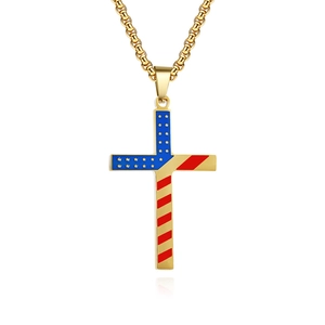 Golden stainless steel cross pendant necklace featuring American flag design on white background
