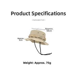 Technical specs of khaki quick-dry sun hat showing 58cm head girth and 6cm brim size