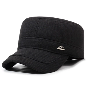 Men's winter black thick wool cadet cap with outdoor style metal sport badge