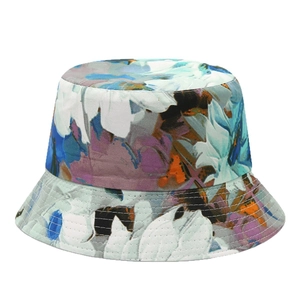 Floral reversible bucket hat with blue and orange abstract print for sun protection