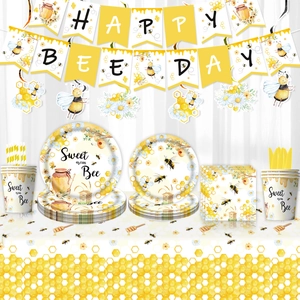 Bee Theme Birthday Party Supplies Disposable Paper Plates Napkins Cups Tablecloth Banner Cutlery Kids Baby Shower Cute Yellow