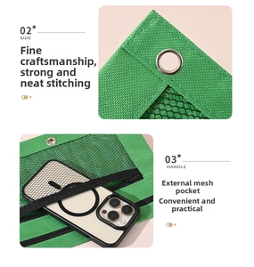 Detail of green mesh pouch featuring reinforced metal eyelets and a functional outer pocket