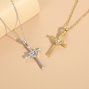 925 silver heart cross necklace in gold and silver finish with sparkling zircons