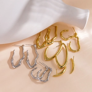 Minimalist 14K gold and silver stainless steel C-shaped earrings in various geometric styles
