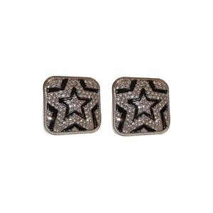 Elegant square stud earrings with black star pattern and shimmering white zircons