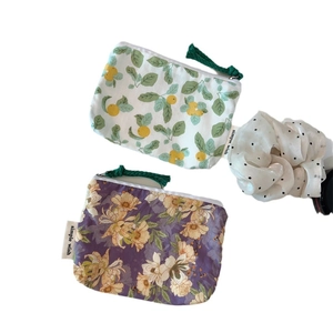 Green floral and lemon print cotton coin purse with zipper and simple wish label