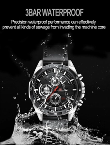 Close-up of men's waterproof quartz watch with silver case and dynamic water splashes