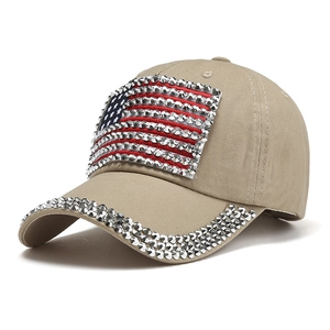 Khaki cotton baseball cap with American flag rhinestone pattern and studded brim