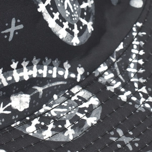 Close-up of paisley pattern on black fabric with reinforced stitching on sun hat