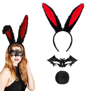 Three-piece bunny costume set with rabbit ear headband, lace eye mask, and plush tail ball