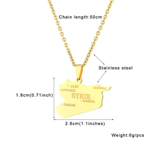 Detail view of Syria map pendant in stainless steel with 50cm chain length specs