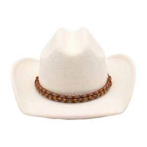 Detail of white western cowboy hat featuring a colorful ethnic beaded decorative band