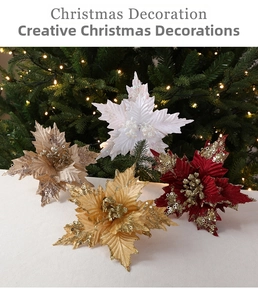 Close-up of glittering 26cm velvet poinsettia flowers with sequins for DIY Christmas decor