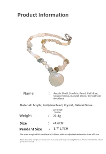 Detail view of seaside shell and starfish beaded necklace with 44.6cm length info