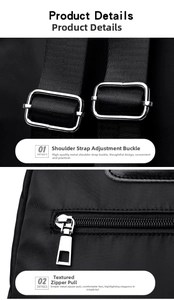 Close-up of silver metal strap adjustment buckle and premium zipper on black oxford backpack