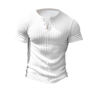 Detailed view of white ribbed knit fabric texture and V-neck button placket on slim fit Henley shirt