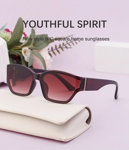 Detail view of square frame sunglasses with gradient lenses on a white case