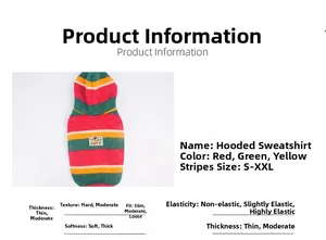 Detailed size chart for the colorful striped dog hoodie with CUTE patch and attributes