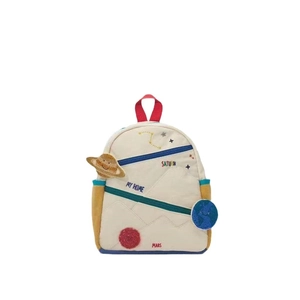Lightweight canvas kids backpack with cute planet and rocket embroidery on white background