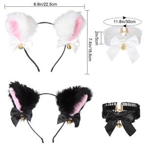 Cosplay set featuring plush cat ears headbands and lace collars with bells and bows