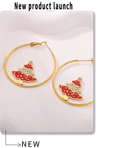 Detail of Christmas tree hoop earrings with red enamel and sparkling rhinestones