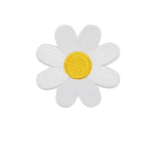 White daisy flower embroidery patch with yellow core on clean white background