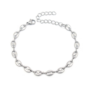 Polished silver stainless steel pig nose link bracelet with adjustable lobster clasp closure