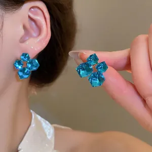 18k gold plated silver needle blue zircon square pearl flower earrings for women