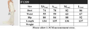 Size chart detail for the white strapless mermaid evening dress with XS-L measurements