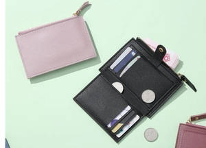 Detail view of mini PU leather wallets featuring multi-card slots and zipper coin pockets