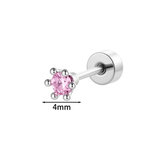 Exquisite 4mm pink crystal screw back stud earring in polished silver metal finish