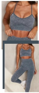 Detail of gray acid wash two-piece yoga set with ribbed sports bra and high waist leggings