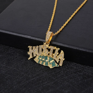 Iced out gold Hustle pendant necklace with green and clear rhinestones for hip hop style