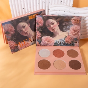 Detail van een 6-kleuren blushpalet met rozen-reliëfpatronen en artistieke verpakking