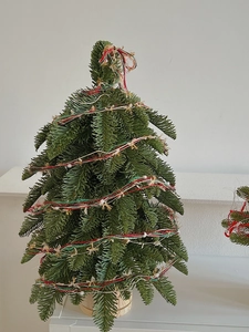 Miniature Christmas tree with red and white ribbons on a stable wooden base
