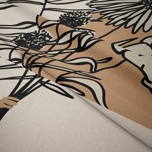 Close-up of bohemian floral tapestry fabric with abstract black line art and thick texture