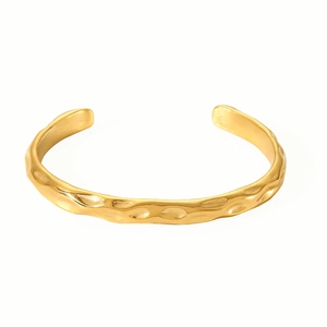 18K gold plated stainless steel open bangle with unique hammered texture for women