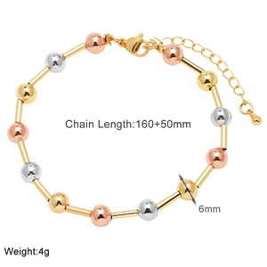 Three-tone beaded bracelet details: 160+50mm length, 6mm beads, gold and silver finish