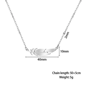 Silver stainless steel feather pendant necklace with detailed measurements and dimensions