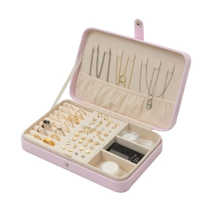 Pink portable jewelry organizer box with necklace hooks and ring storage compartments