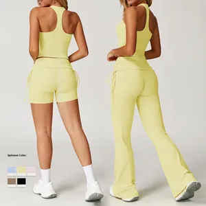 Women's yellow yoga set with racerback top and drawstring flared leggings and shorts