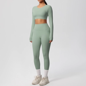 Detailed full-body view of high-elasticity breathable yoga set with long sleeve top and leggings