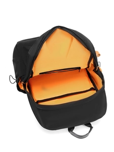 Waterproof Oxford fabric backpack in black with orange lining and laptop compartment