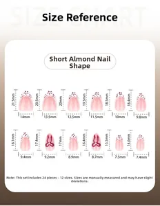 Short almond press-on nails size chart with dimensions for 24 pieces and red bow detail