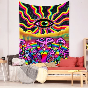 Detailed psychedelic mushroom tapestry featuring a glowing iris eye and rainbow accents