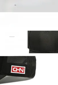 Detail of breathable black mesh cap with 3D red star embroidery and CHN side logo