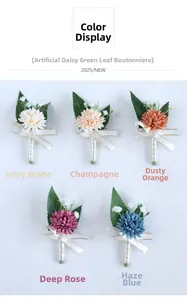 Detail of artificial daisy boutonnieres in ivory, champagne, terracotta, rose and blue