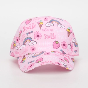 Close-up of pink kids baseball cap featuring sweet rainbow and strawberry prints